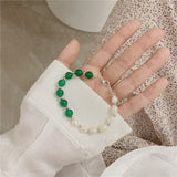 Lianfudai Korea Vintage Green White Transparent Imitated Pearl Beaded Necklace Smooth Reflective Long Clavicle Chain for Women Gifts