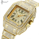 Lianfudai Disaster Prevention Jewelry Hip Hop Iced Out Men Watch Square Diamond Quartz Luxury Mens Wrist Watches Gold Roman Calendar Steel Clock Relogio Masculino New