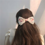 Lianfudai Retro Geometric Pink Rose Lace Ribbon Hairpin Korean Flower Embroidery Oversized Bow Spring Clip for Women Bridal Wedding