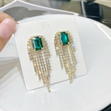 Lianfudai Christmas gifts ideas New Korean Style Green Crystal Drop Earrings for Women Geometric Rhinestone Tassel Dangle Earring Girl Party Temperament Jewelry