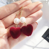 Lianfudai Christmas gifts ideas Red Style Charm Circle Pearl Drop Earrings Love Heart Bow Earrings For Women Girls Party Gift Korean Fashion Wedding Jewelry