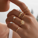 Lianfudai easter gifts for women 7Pcs/ Set Boho Women Rings Set Rhinestone sun shape  Vintage gold Midi Ring set Charm Lady Lover Gift  J010