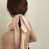 Lianfudai Summer French Retro Pink Beige Narrow Long Silk Scarf Ribbon Headband Irregular Geometric Bow Hairband for Women Accessory