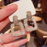 Lianfudai Luxury Trendy Crystal Round Pendant Drop Earrings For Women Fashion Pearl Charm Statement Jewelry Wedding Earrings Female