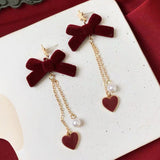 Lianfudai Christmas gifts ideas Red Style Charm Circle Pearl Drop Earrings Love Heart Bow Earrings For Women Girls Party Gift Korean Fashion Wedding Jewelry