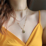 Lianfudai Vintage Multiayered Pearl Necklace For Women Fashion Golden Portrait Coin Pendant Thick Chain Necklaces Jewelry Gifts