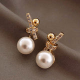 Lianfudai Christmas gifts ideas New Korean Style White Pearl Drop Earrings for Women Shiny Rhinestone Temperament Earring Wedding Party Engagement Jewelry
