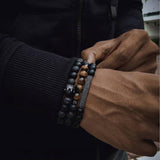Lianfudai gifts for men 3pcs/Set Crown Bracelet Black Matte Onyx Stone Beads Braclets Heren Armband Bileklik Erkek Handmade Jewellery Men Accessories