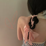 Lianfudai Summer French Retro Pink Beige Narrow Long Silk Scarf Ribbon Headband Irregular Geometric Bow Hairband for Women Accessory