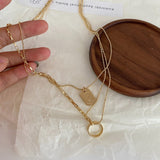 Lianfudai New Korean Fashion Minimalist Retro Gold Coin Geometric Necklace Hip-Hop Niche Collar Chain for Women Jewelry