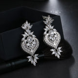 Lianfudai - New Arrival Luxury Big Long Flower Pendant Drop Earrings With Shining CZ Brincos Bridal Women Wedding Party Jewelry