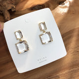 Lianfudai Korean New Design Fashion Jewelry Double Square Earrings Luxury Transparent Glass Crystal Party Earrings for women gift