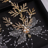 Lianfudai gifts for women  Handmade Gold Crystal Pearl Butterfly Hair Pin Clips Bride Leaf Hair Sticks Rhinestone Veil Tiara Crown Wedding Hair Accessories