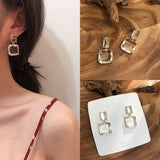 Lianfudai Korean New Design Fashion Jewelry Double Square Earrings Luxury Transparent Glass Crystal Party Earrings for women gift