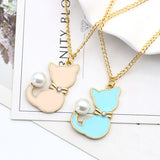 Lianfudai Fashion Enamel Cat Pearl Tail Choker Necklace For Women Gifts Cute Animal Necklaces Pendants Jewelry Dropshipping Colar