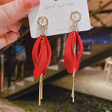 Lianfudai Christmas gifts ideas New Fashion Tassel Flower Long Dangle Drop Earrings Retro Red Big Petal Statement Earring for Women Bridal Wedding Party Jewelry