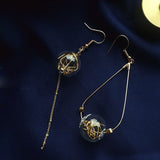 Lianfudai Unique Copper Wire Glass Ball Asymmetric Dangle Earrings For Women Original Handmade Brass Vintage Drop Long Earings