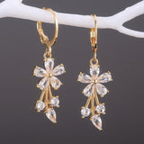 Lianfudai Luxury Gold Color Flower Shape Women Drop Earrings Inlaid Shiny Cubic Zirconia Top Quality Fashion Banquet Party Jewelry