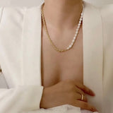 Lianfudai Christmas wishlist Korean Fashion Half Pearl Half Twist Chain Necklace For Women Men Vintage Gold Stainless Steel Pearl Necklace Punk Jewelry Gift