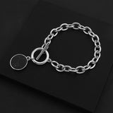 Lianfudai Punk Silver Color Black Stone Round Pendant Bracelet Retro Hip Hop Men Women Thick Chain Bracelet Female Couple Jewlery