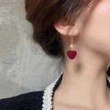 Lianfudai Christmas gifts ideas Red Style Charm Circle Pearl Drop Earrings Love Heart Bow Earrings For Women Girls Party Gift Korean Fashion Wedding Jewelry