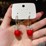 Lianfudai Christmas gifts ideas Fashion Christmas Red Dangle Earrings For Women Rhinestone Snowflake Pearl Earring Christmas Party Festival New Year Jewelry