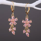 Lianfudai Luxury Gold Color Flower Shape Women Drop Earrings Inlaid Shiny Cubic Zirconia Top Quality Fashion Banquet Party Jewelry