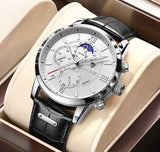 Lianfudai father's day gifts  Watches Mens Top Brand Luxury Clock Casual Leathe 24Hour Moon Phase Men Watch Sport Waterproof Quartz Chronograph+Box