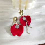 Lianfudai Christmas gifts ideas New Fashion Tassel Flower Long Dangle Drop Earrings Retro Red Big Petal Statement Earring for Women Bridal Wedding Party Jewelry