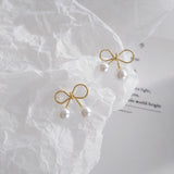 Lianfudai Sweet Simple Small Alloy Bow Clip on Earrings Earrings Ear Clip Lady Earrings Mini Imitation Pearl Clip Earrings No Piercing