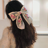 Lianfudai Retro Geometric Pink Rose Lace Ribbon Hairpin Korean Flower Embroidery Oversized Bow Spring Clip for Women Bridal Wedding