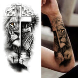 Lianfudai Compass Wolf Temporary Tattoos For Men Women Adult Fake Lion Tattoo Sticker Tiger Black Tribal Body Art Drawings Tatoos Arm