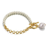 Lianfudai New Imitation Pearls Gold Color Metal Link Chain Bracelets for Women Fashion Charms Bracelet Summer Party Jewelry