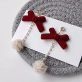 Lianfudai Christmas wishlist Fashion Velvet Bow Drop Earrings For Women Temperament Pearl  Heart Red Black Earring Girls Party Christmas Jewelry Gifts