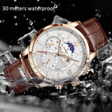 Lianfudai father's day gifts  Watches Mens Top Brand Luxury Clock Casual Leathe 24Hour Moon Phase Men Watch Sport Waterproof Quartz Chronograph+Box