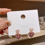 Lianfudai Female Women Girl Stud Earrings Pink Zircon Rhinestone Heart Sweet Cute Fashion Jewelry Accessories