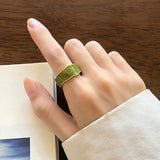 Lianfudai Korean New Simple Vintage Green Metal Geometric Elegant Enamel Index Finger Rings for Women Girls Party Jewelry