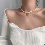 Lianfudai Christmas wishlist Kpop Silver Color Heart Chain Choker Necklace For Women Fashion Aesthetic Pearl Necklaces Jewelry Christmas Party Gifts