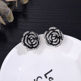Lianfudai Delicate Camellia Petite Earrings Black Flower Rose Full Rhinestone Luxury Earring Accessories For Women