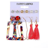 Lianfudai jewelry gifts for women hot sale new Vintage Women Drop Earrings Set Bohemia Acrylic Tassel Pearl Alloy Long Pendant Earrings Geometric Jewelry Party Gift