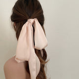 Lianfudai Summer French Retro Pink Beige Narrow Long Silk Scarf Ribbon Headband Irregular Geometric Bow Hairband for Women Accessory