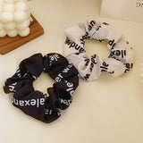 Lianfudai Simple Trendy Black White Yarn Letter Bowknot Hairbands Smooth Folds Imitation Pearl Elastic Hair Ring for Women Headwear