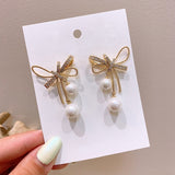 Lianfudai christmas gift ideas valentines day gifts for her New Arrival Trendy Bowknot Dangle Earrings For Women Korean Style Pearl Simple Earrings Female Elegant Party Jewelry