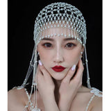 Lianfudai  gifts for women Handmade Hollowed Pearl Tassel Forehead Headpiece Bridal Head Chain for Women Luxury Pearls Head Cap Hat Headband Accessories