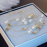 Lianfudai Luxury Camellia Crystal Sweater Chain Long Necklace Fall Winter Rose Flower Pearl Necklace For Woman