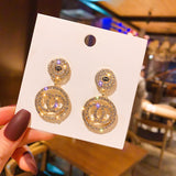 Lianfudai Luxury Trendy Crystal Round Pendant Drop Earrings For Women Fashion Pearl Charm Statement Jewelry Wedding Earrings Female