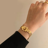 Lianfudai Fashion Stainless Steel Belt Shape Strap Charm Gold Bangle Women Jewelry Gift  Punk Layered Bangle Bracelets High Quality