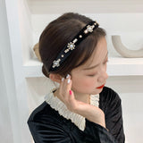 Lianfudai Sweet Rhinestone Velvet Headband Snowflake Black Hair Bow Knotted Hair Band for Women Princess Lovely Hairbands Headwear