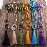 Lianfudai Fashion Bohemian Jewelry Semi Precious Stones Knotted Druzy Stone Links Tassel Necklaces For Women Boho Necklace