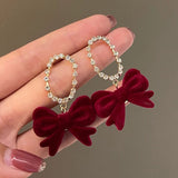 Lianfudai Christmas gifts ideas Red Style Charm Circle Pearl Drop Earrings Love Heart Bow Earrings For Women Girls Party Gift Korean Fashion Wedding Jewelry